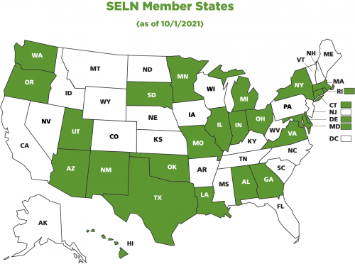 SELN member states are: Alabama, Arizona, Connecticut, Delaware, Georgia,Hawaii, Illinois, Indiana, Louisiana, Maryland, Massachusetts, Michigan, Minnesota, Missouri, New Mexico, New York, Ohio, Oklahoma, Oregon, Rhode Island, South Dakota, Texas, Utah, Virginia, Washington
